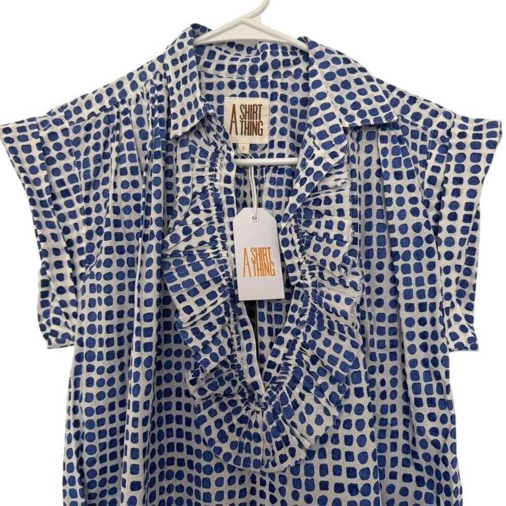 A SHIRT THING Size Small Logan Cabo Tunic Top White Blue Ruffle Cotton NEW $349 - Picture 3 of 5
